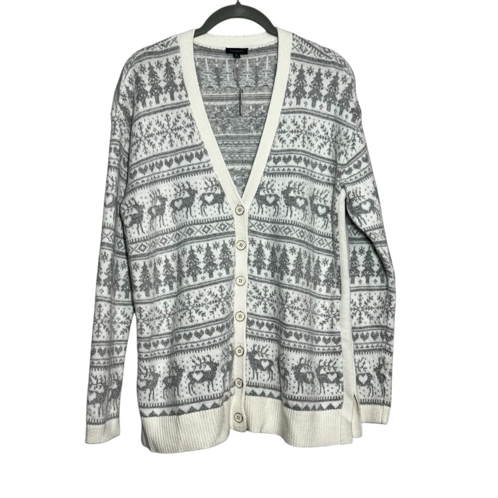 Talbots Christmas Cardigan Sweater Womens Small White Silver Fair Isle Holiday